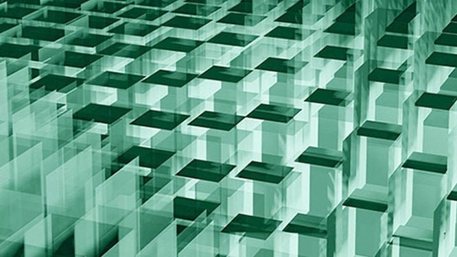 Grid of transparent, green-tinted rectangular prisms forming a 3D geometric pattern, symbolizing Apollo’s secondaries strategy