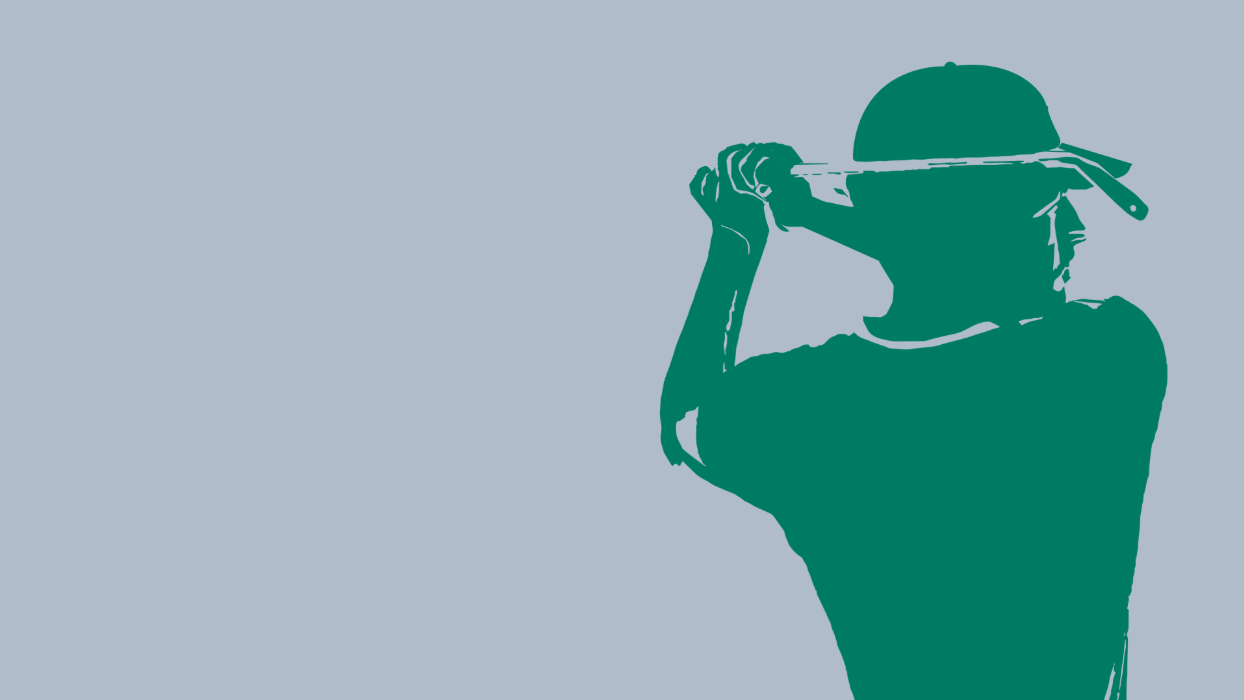Silhouette of a golfer and Apollo brand partner Patrick Cantlay mid-swing, viewed from behind, wearing a cap and holding a club against a muted grey background.